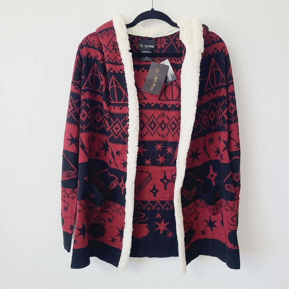 Harry Potter Deathly Hallows Fair Isle Sherpa Cardigan Size S Burgandy